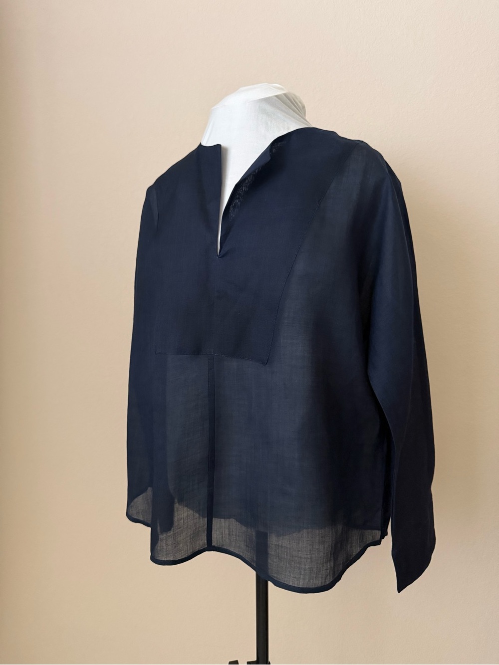 J. Crew Sheer Navy Split-Neck Long-Sleeve Blouse